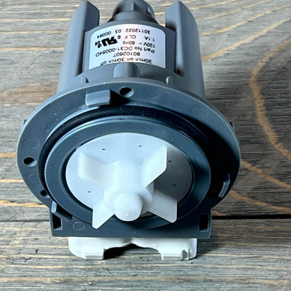 Front view of Supco LP054D washer drain pump, gray and white design for Samsung replacement.