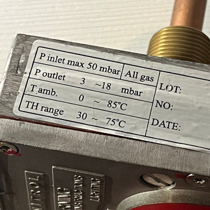 Close-up view of a gas water heater valve label, showing pressure and temperature specifications for accurate control.