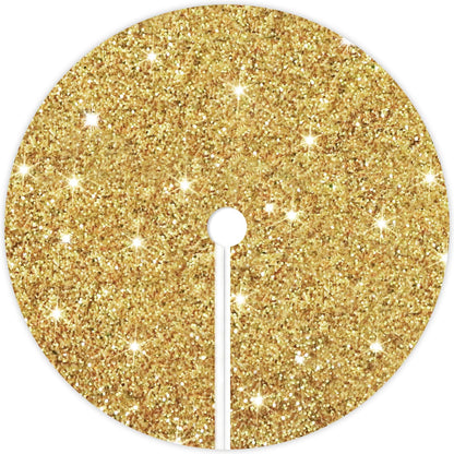 Golden sequin Christmas tree skirt, 46 inches, perfect for pencil trees. Velvet texture adds elegance to holiday decor.