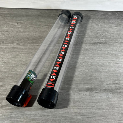 Golf ball retriever tool with clear 36-inch tube, marked for 21 balls, on wooden floor.