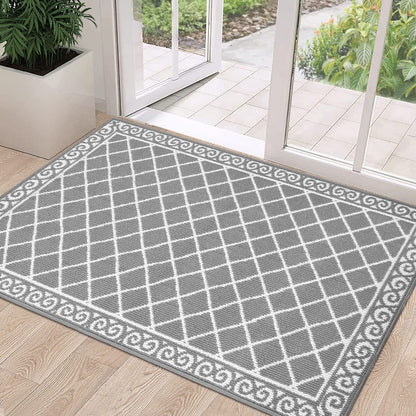 Gray HEBE indoor door mat with non-slip backing, perfect for entryways, washable and low-profile design for easy cleaning.