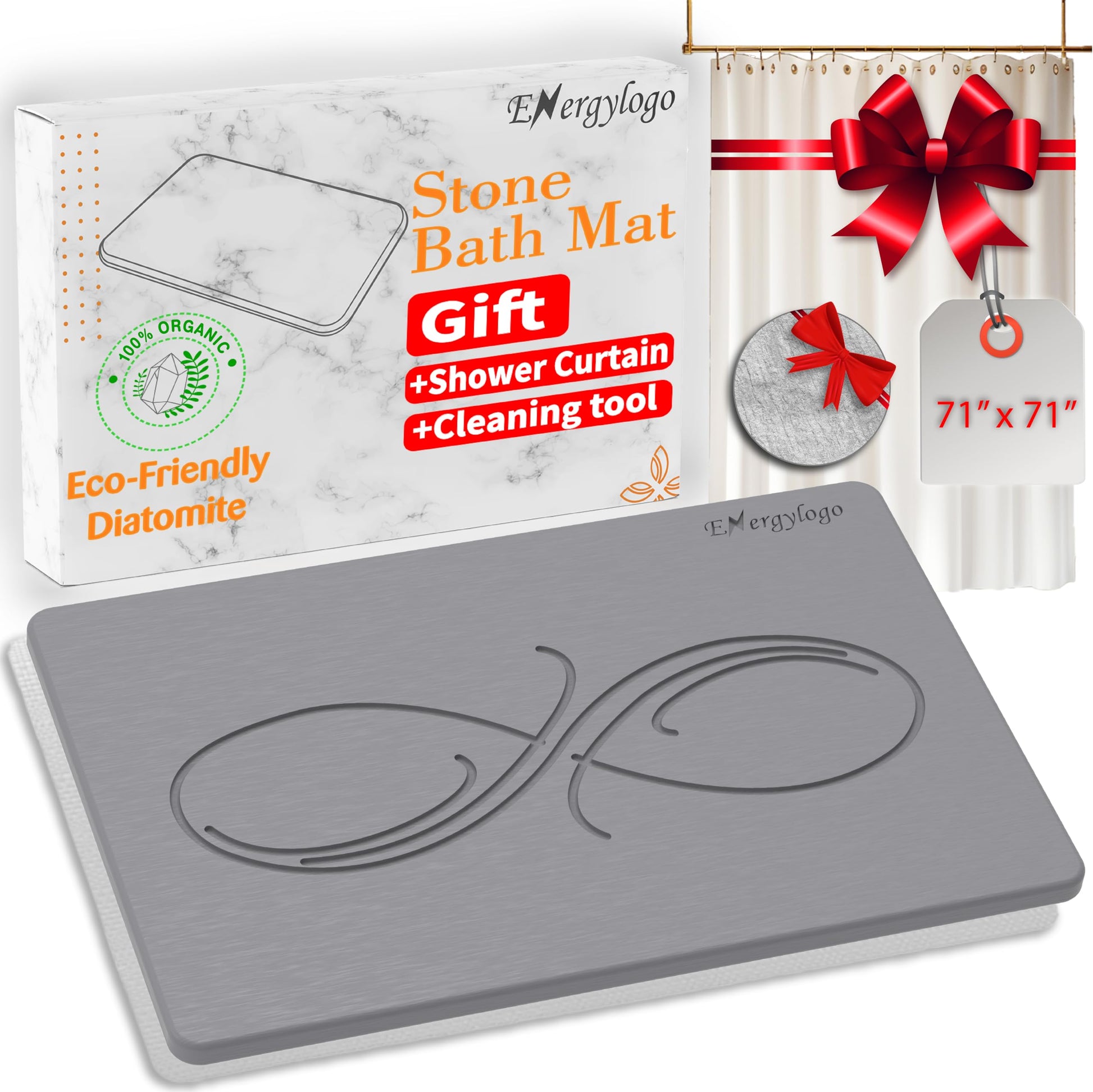 Grey Infinity ENERGYLOGO stone bath mat set with shower curtain and cleaning tool, eco-friendly diatomaceous earth.