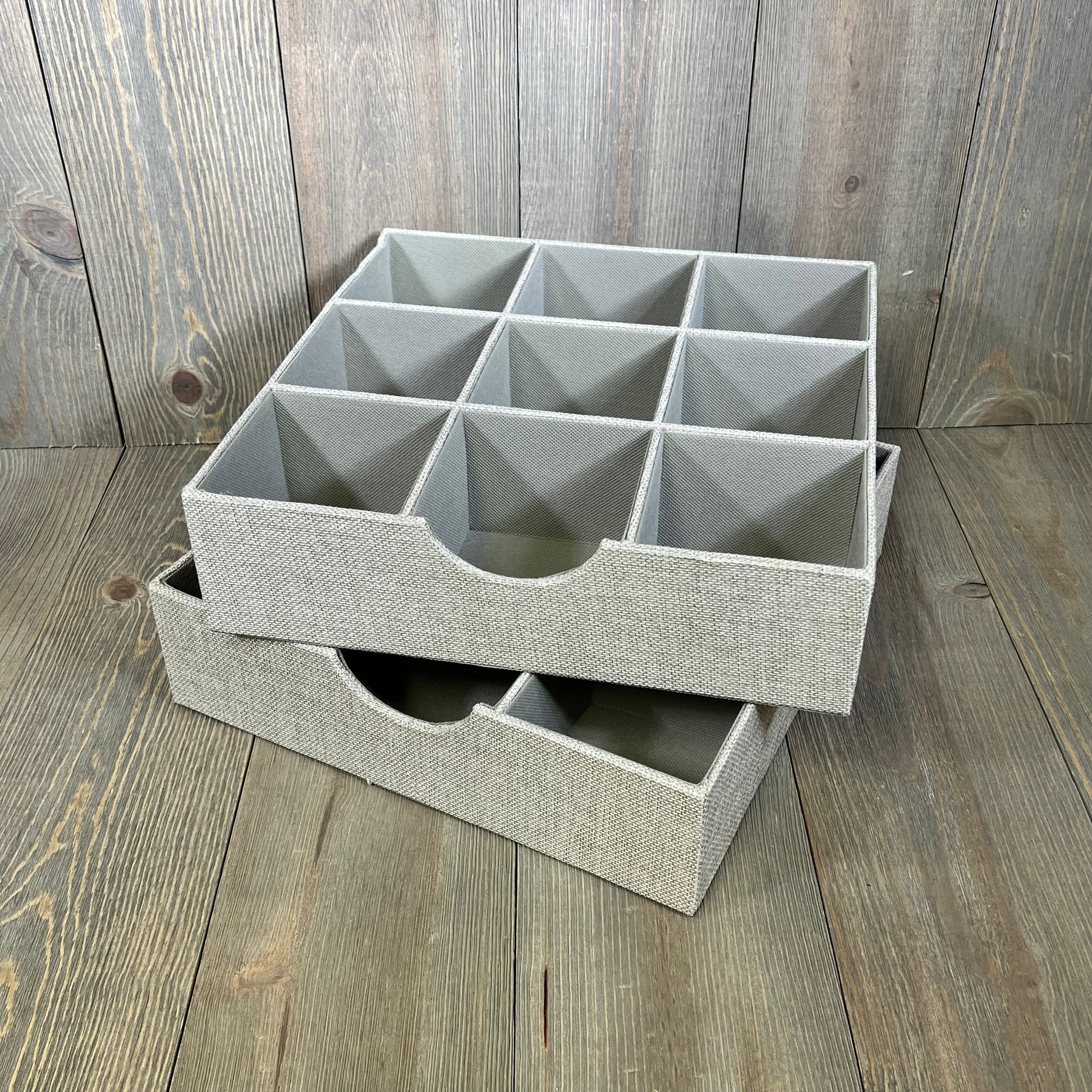 Gray drawer organizer tray 2 pack with nine compartments, perfect for household essentials storage and organization.