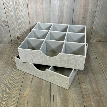Gray drawer organizer tray 2 pack with nine compartments, perfect for household essentials storage and organization.