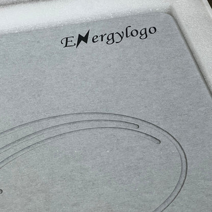 Grey ENERGYLOGO stone bath mat with infinity design, featuring quick-drying diatomaceous earth for bathroom floors.