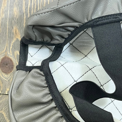 Gray leather ISSYAUTO center console cover with elastic trim, compatible with 2011-2016 Ford F250-F450 jump seat cushion.