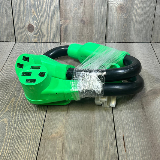 Green Kanayu 50Amp Y Splitter Adapter Cord with 14-50P male to 2X 14-50R female connectors for RV and EV, 3 ft length.