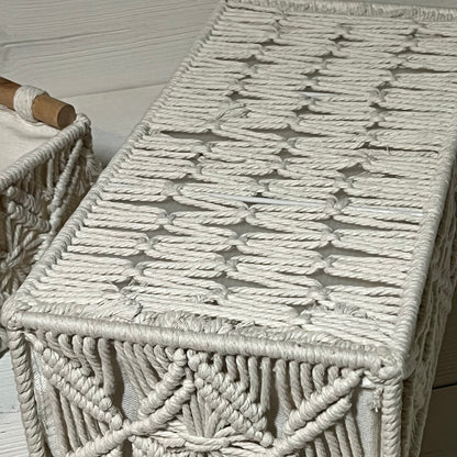 Handwoven ivory white macrame storage baskets in bohemian style, ideal for bathroom and bedroom organization.