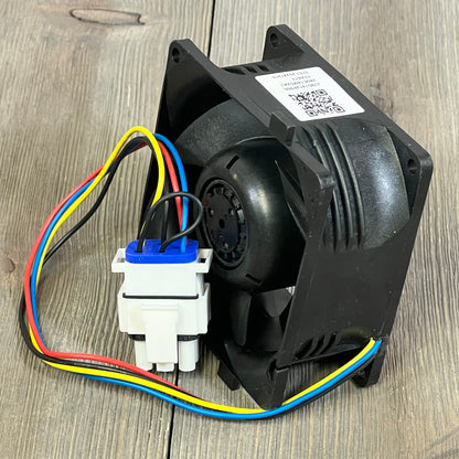 GE Appliances refrigerator evaporator fan motor WR60X26866 with wiring, enhancing cooling efficiency.