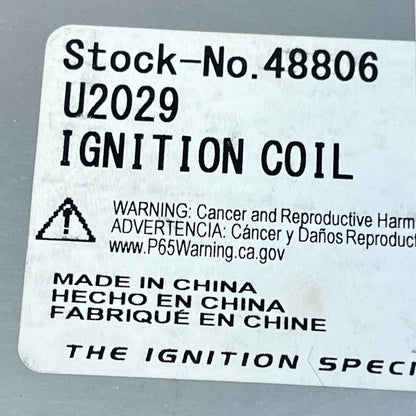 Ignition Coil U2029 label showing stock number 48806 with safety warning, ideal for distributorless ignition systems.