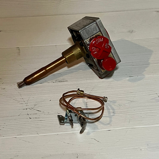 Gas water heater valve with red control knob and 1-3/8" shank, featuring copper tubing and mounting hardware for installation.
