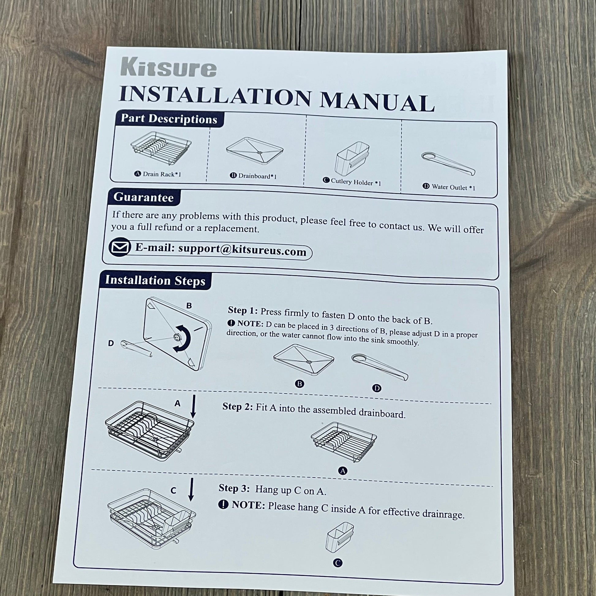Installation manual for Kitsure Dish Drying Rack, detailing assembly steps and parts like the cutlery holder and drainboard.