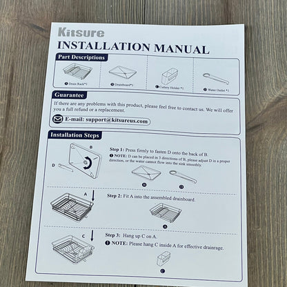 Installation manual for Kitsure Dish Drying Rack, detailing assembly steps and parts like the cutlery holder and drainboard.