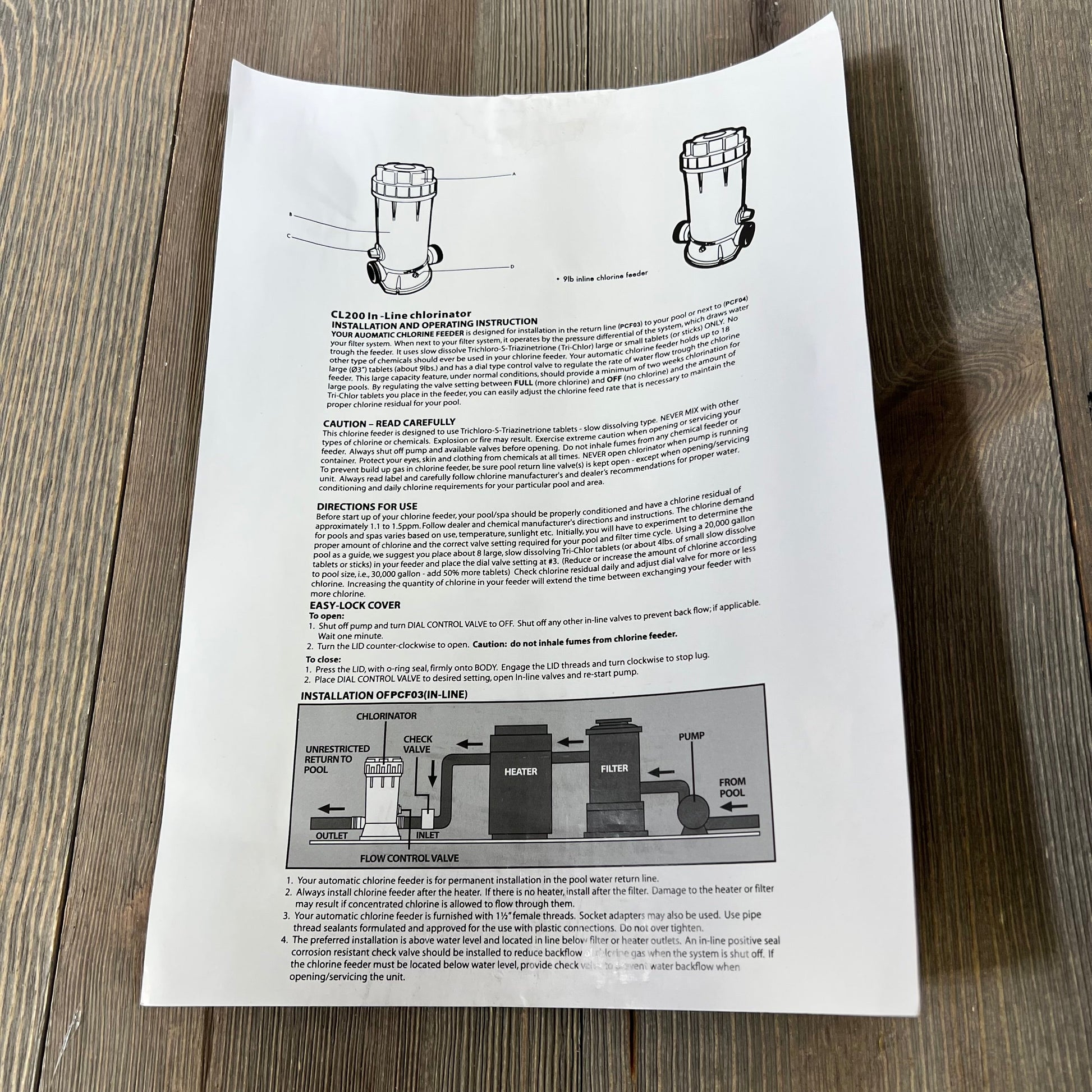 Installation manual for Hayward CL200 inline chlorinator, featuring diagrams and instructions for easy setup and use.