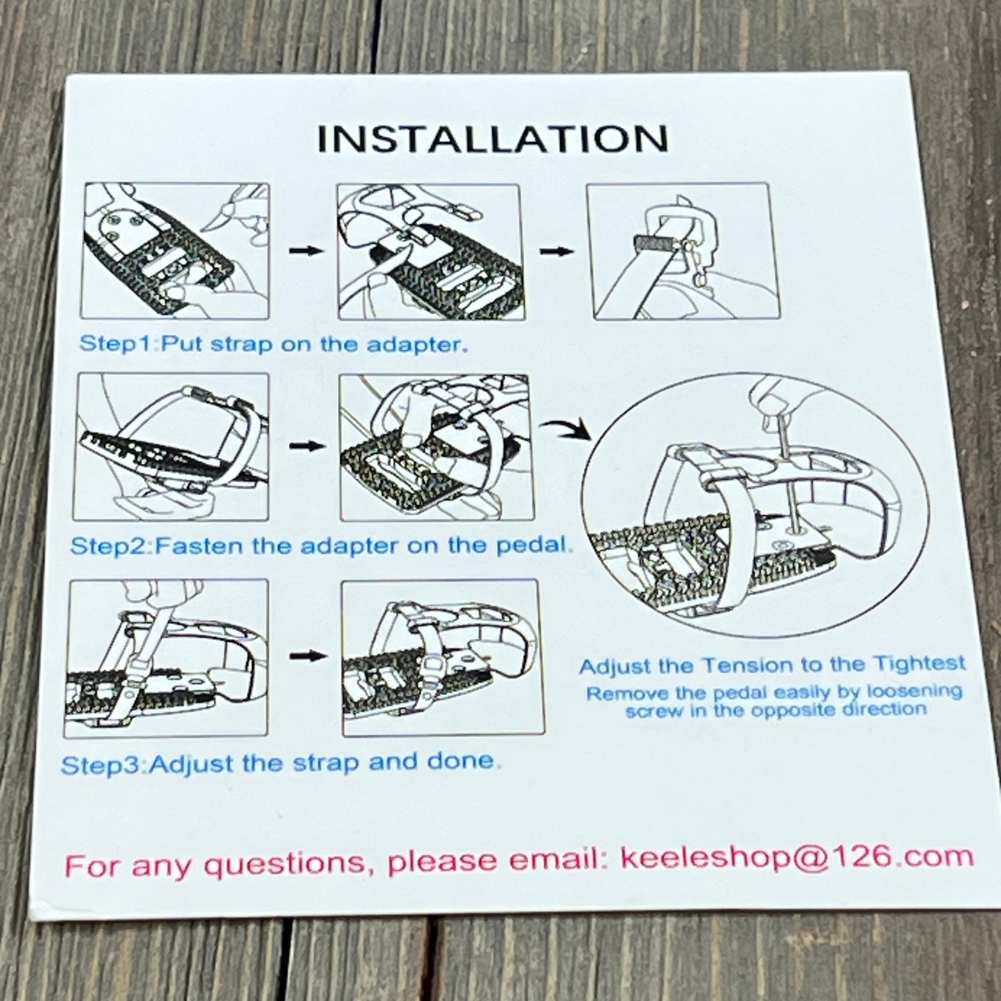 Installation guide for Kelecuia toe cage pedals, showing step-by-step instructions to attach pedal adapters for Peloton bikes.