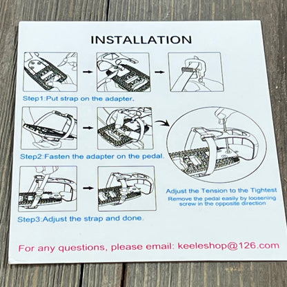 Installation guide for Kelecuia toe cage pedals, showing step-by-step instructions to attach pedal adapters for Peloton bikes.