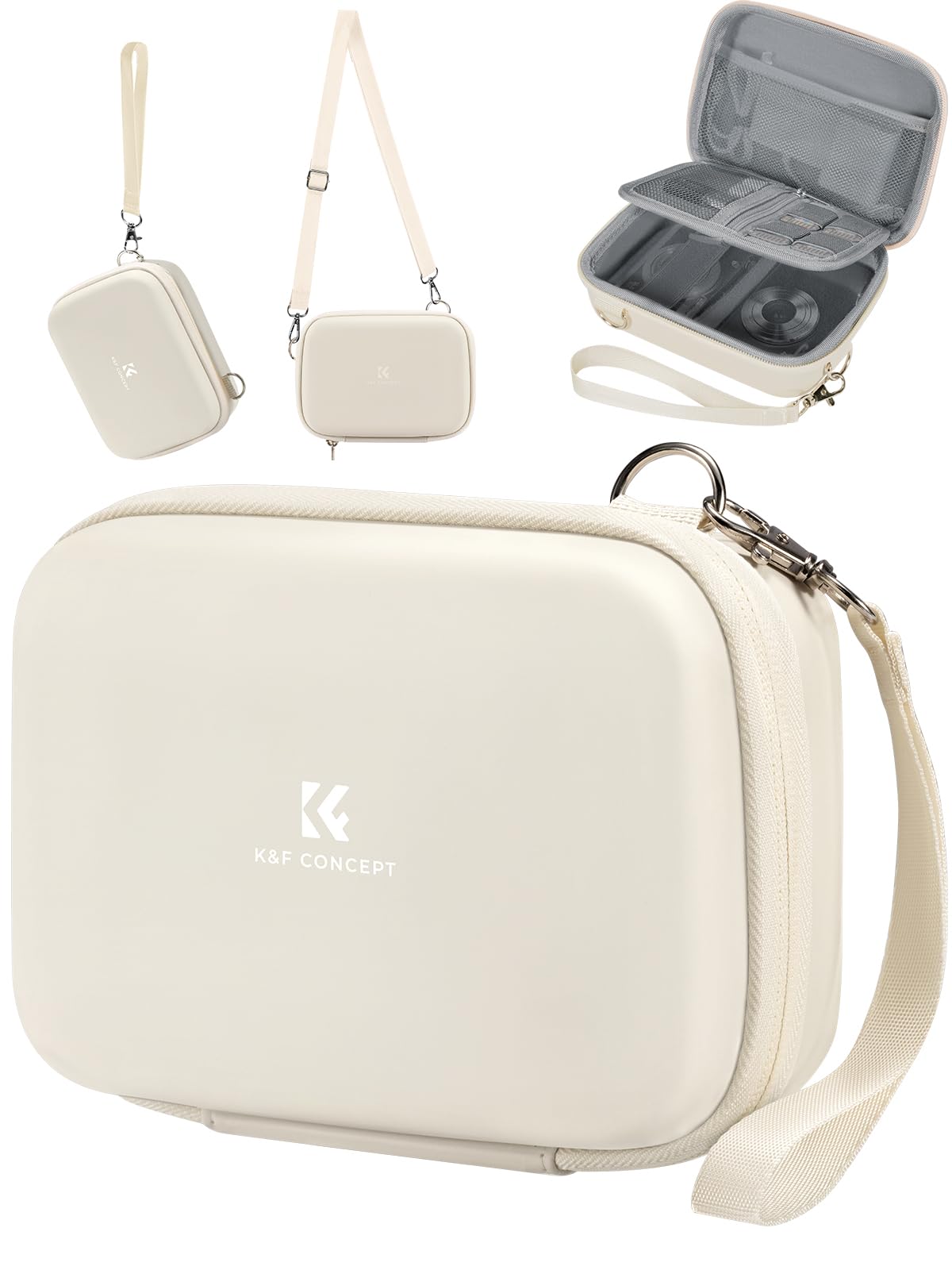 Beige K&F Concept waterproof camera case, showcasing versatile carrying options and protective interior compartments.