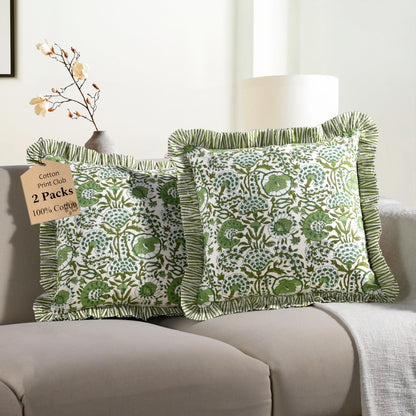 CPC Agate Green Ruffle Throw Pillow Covers, 24x24 Inch Cotton