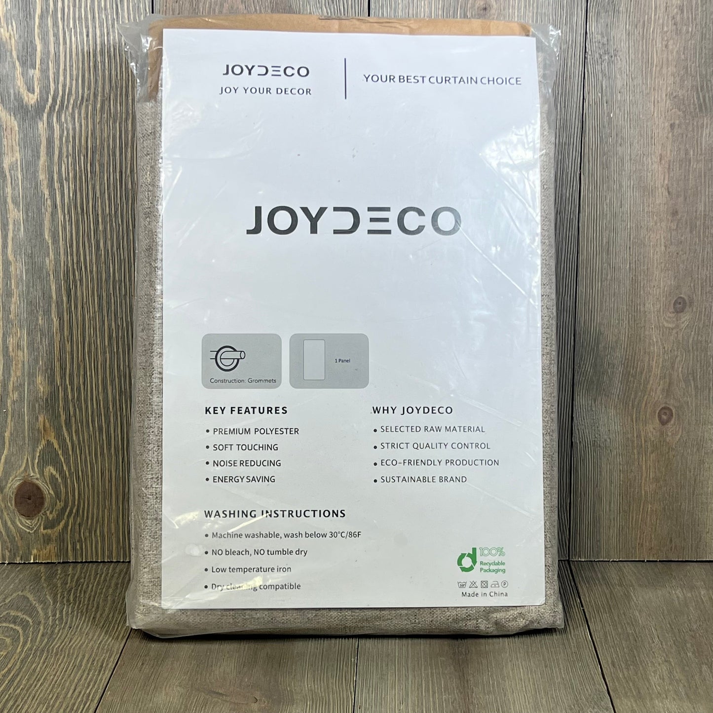 Joydeco blackout room divider curtains packaging, showcasing premium polyester and noise-reducing features.