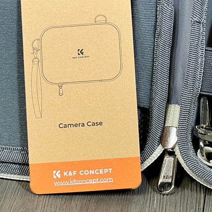 Beige K&F Concept waterproof camera case with dual carry options, showcased with packaging.