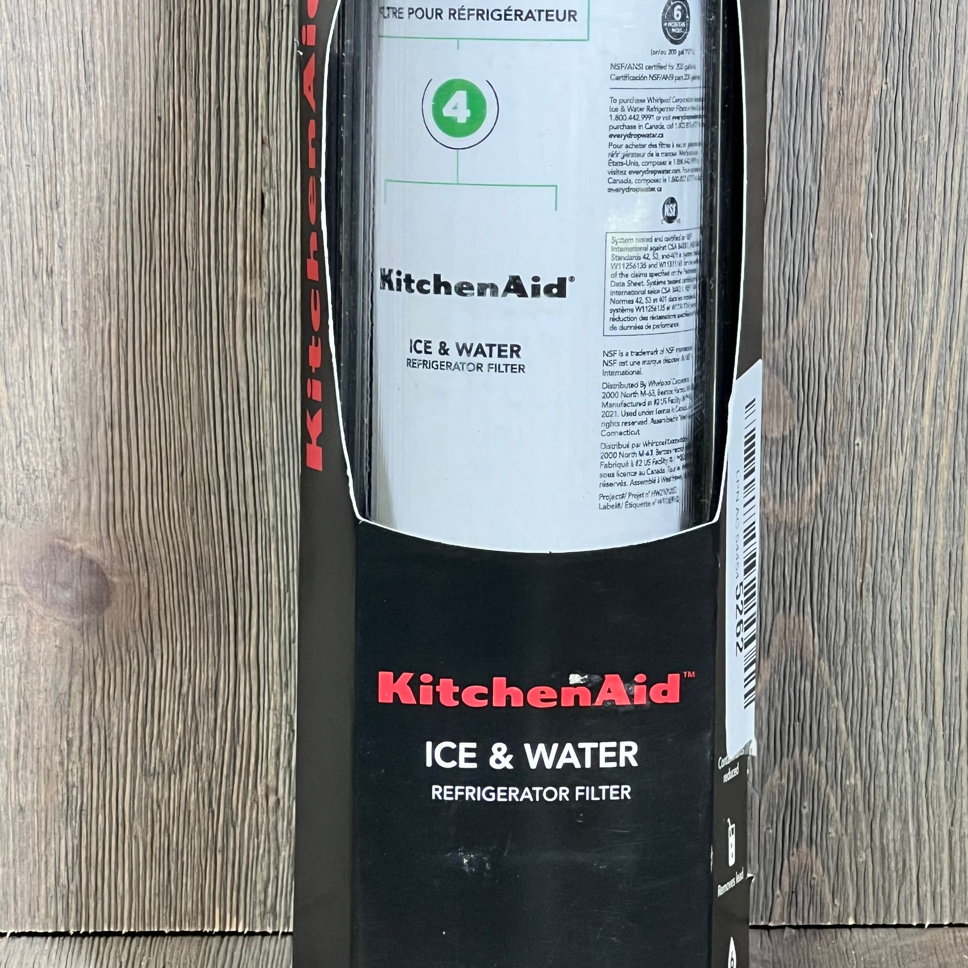 KitchenAid Refrigerator Ice and Water Filter 4 in packaging, model KAD4RXD1, single-pack, NSF certified, green label.