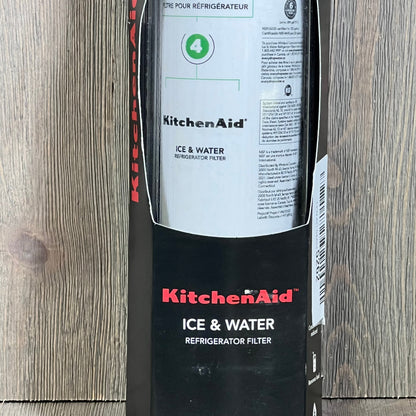 KitchenAid Refrigerator Ice and Water Filter 4 in packaging, model KAD4RXD1, single-pack, NSF certified, green label.