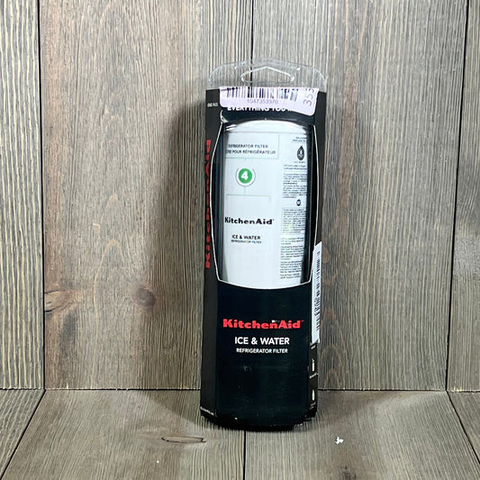 KitchenAid Refrigerator Ice and Water Filter 4, KAD4RXD1, single-pack in green packaging on wooden surface.
