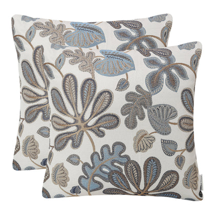 Mika Home Jacquard Tropical Leaf Throw Pillow Covers 20x20 Inches, Blue Cream