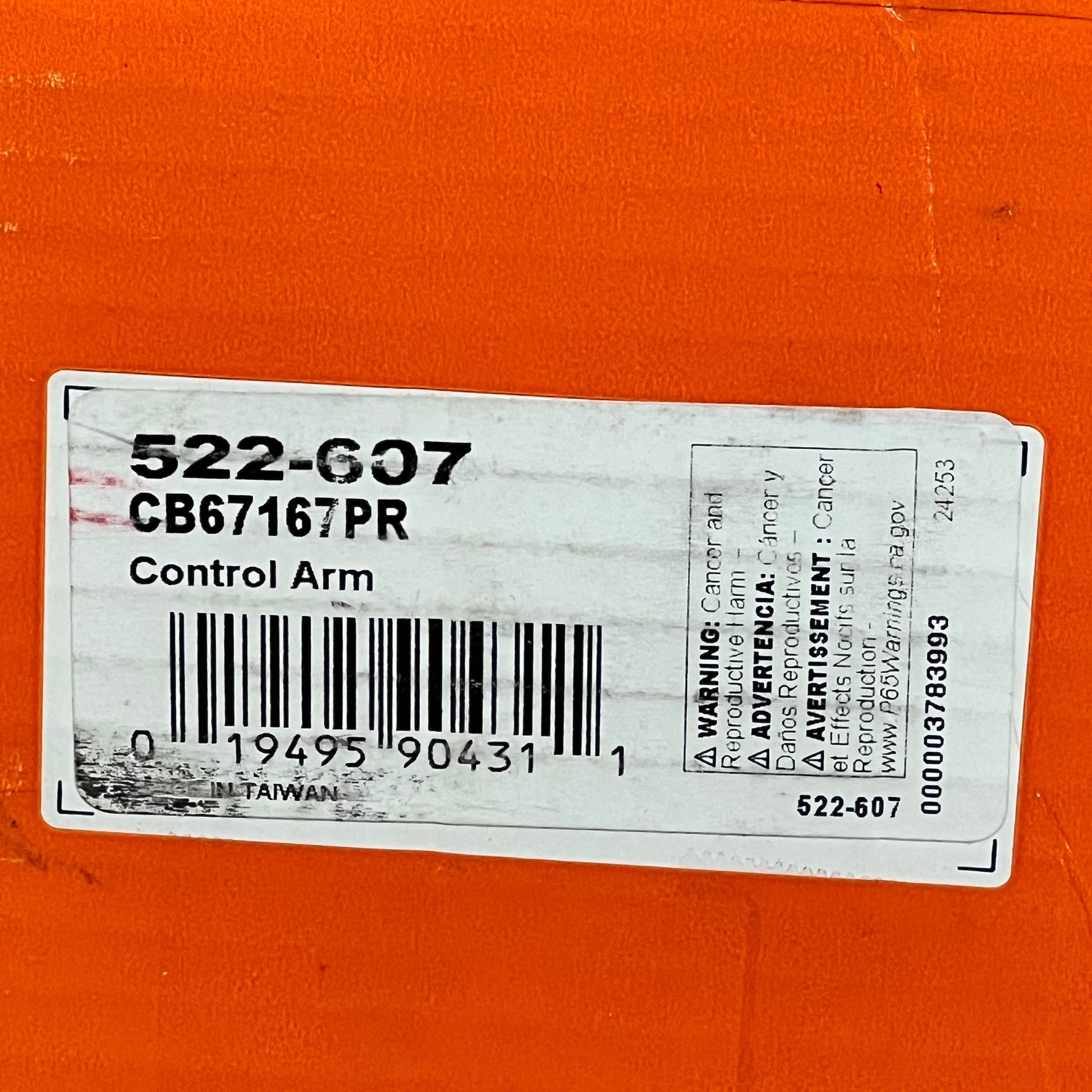 Dorman 522-607 control arm packaging with barcode and product details on an orange background.
