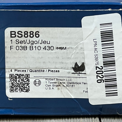 Bosch BS886 blue parking brake shoe set packaging label, compatible with Chrysler, Dodge, Jeep, Mitsubishi models.