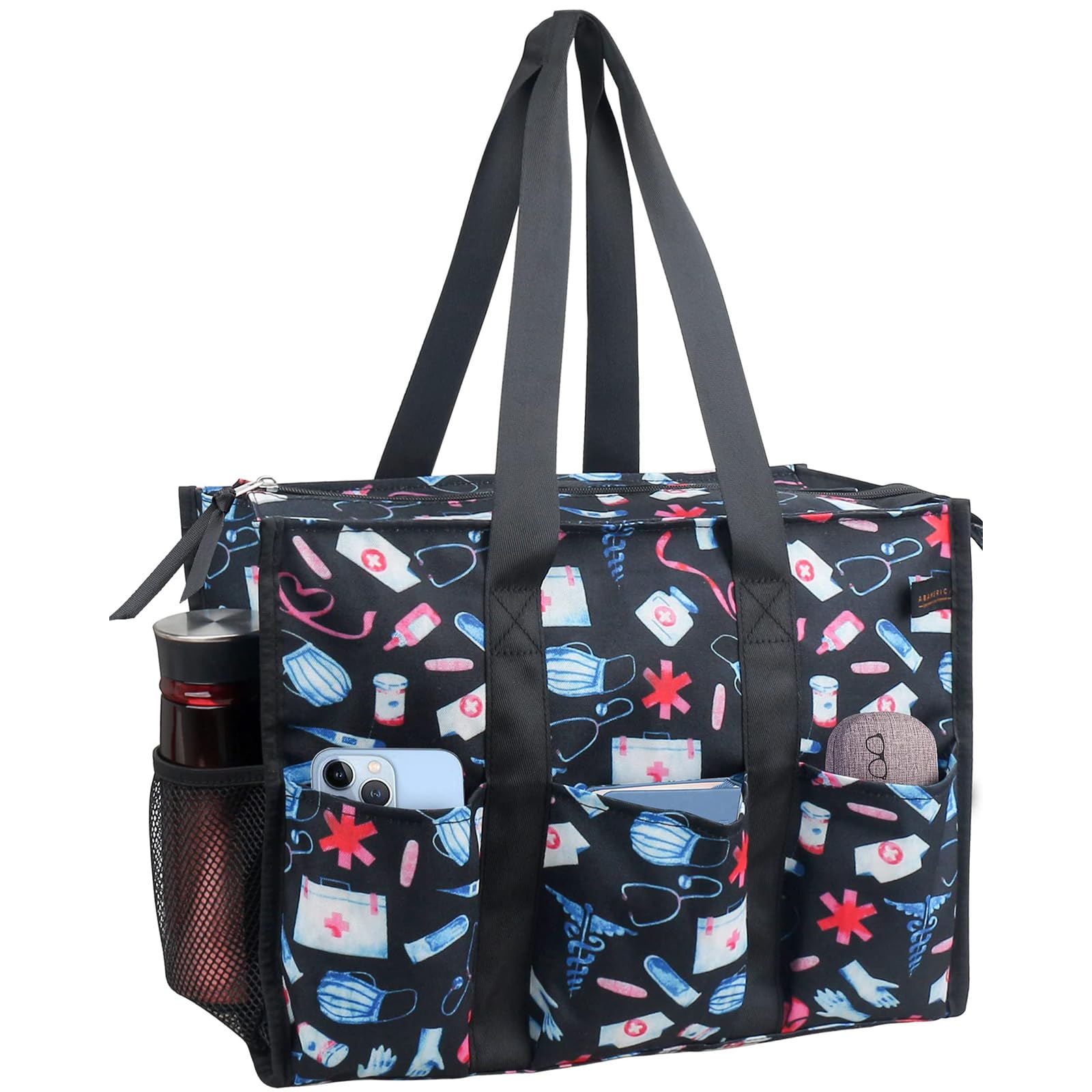 Waterproof nurse bag with medical-themed print, multiple pockets, and zip-top for nursing students.