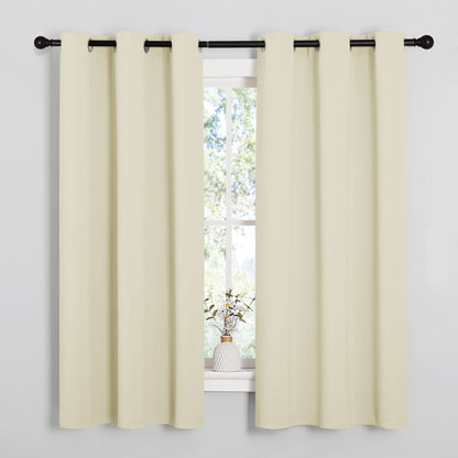 Beige NICETOWN kitchen curtains on window, thermal insulated and room darkening; ideal for laundry decor, 42x63 inches.