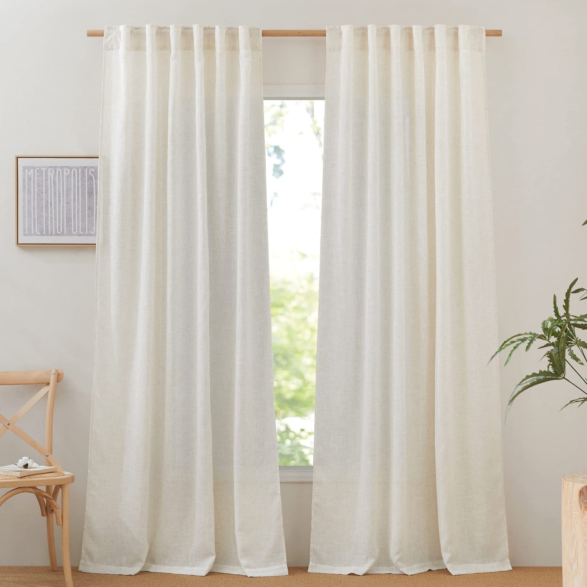 Natural linen curtains with rod pocket and back tab design, 90-inch length, light filtering for living room elegance.