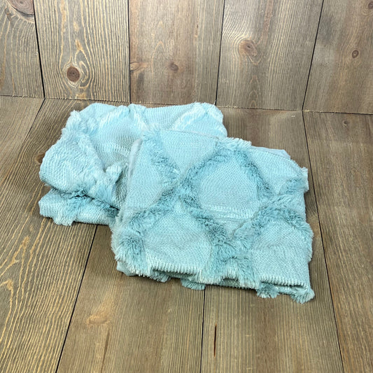 Sky blue plush throw pillow covers in faux wool, 18x18 inch, perfect for farmhouse decor on couch or bed.