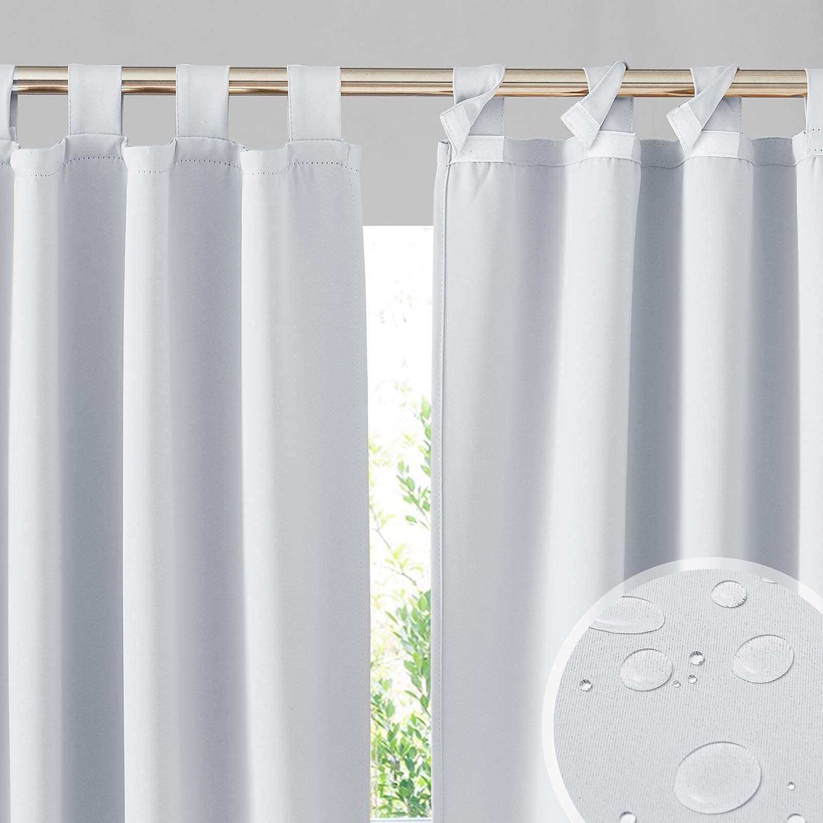 Waterproof greyish white outdoor blackout curtains with detachable top, ideal for patios and pergolas, size 52x84 inches.