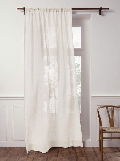 Ivory linen sheer curtain 120 inches long with rod pocket, perfect light-filtering panel for living room decor.