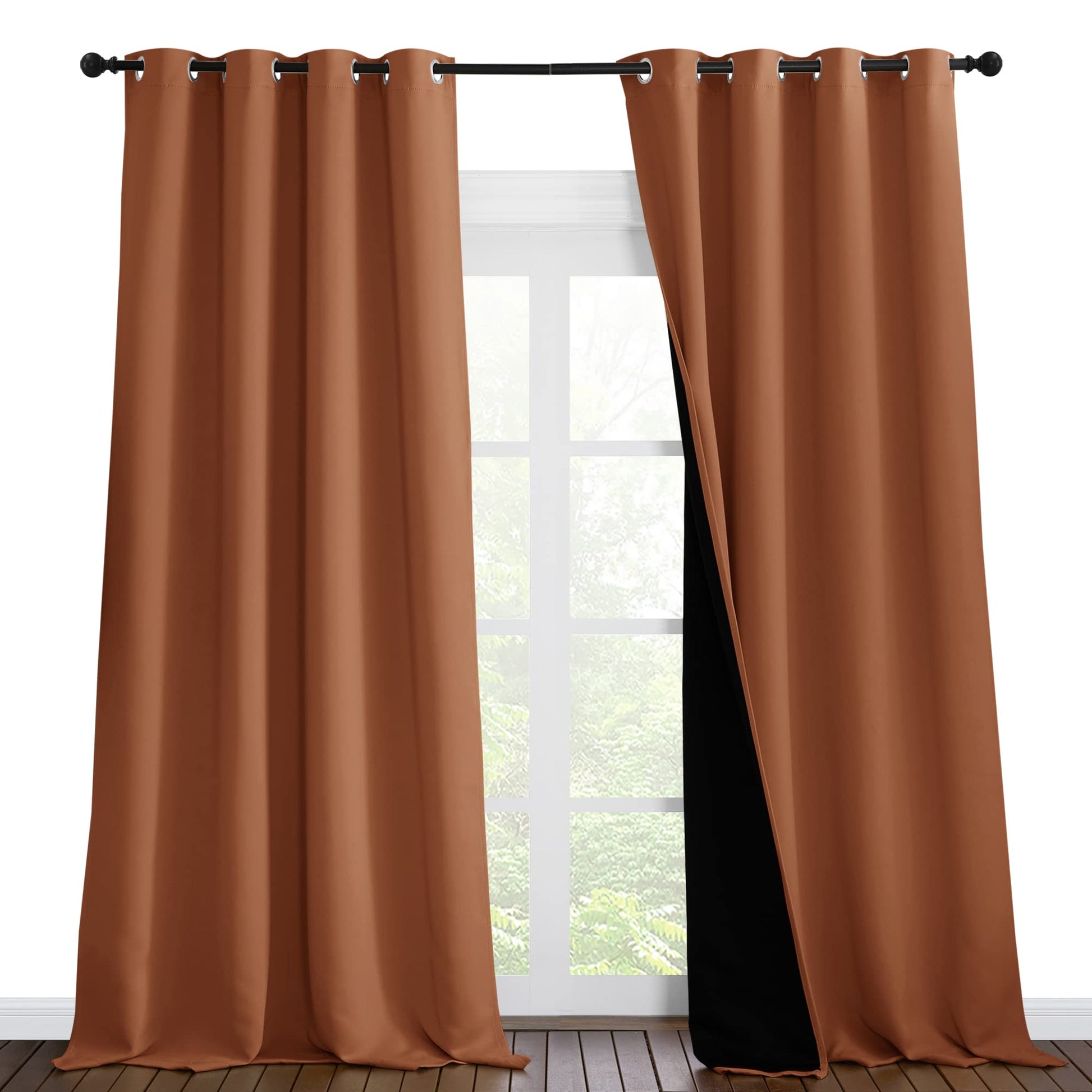 Burnt orange NICETOWN blackout curtains, 96 inches long, heavy-duty for bedroom privacy, elegant window treatment.