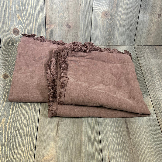 Dark coffee linen throw pillow covers with fringe, perfect for boho farmhouse decor. Set of 2, 18x18 inches for couch or bed.