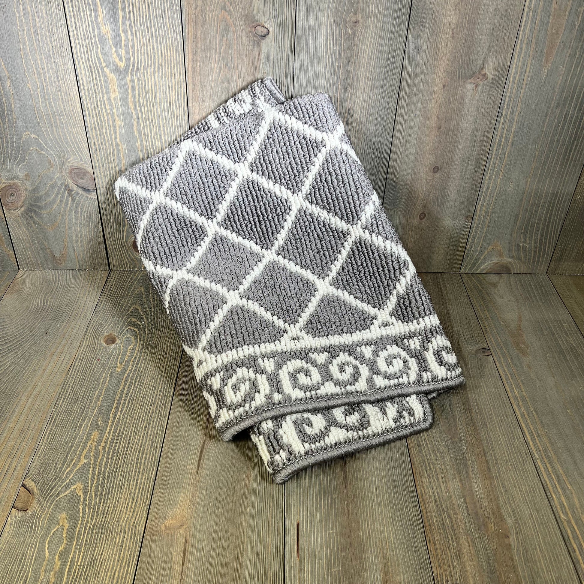 Gray HEBE indoor door mat with geometric pattern, non-slip and washable, perfect for entryways and kitchens.