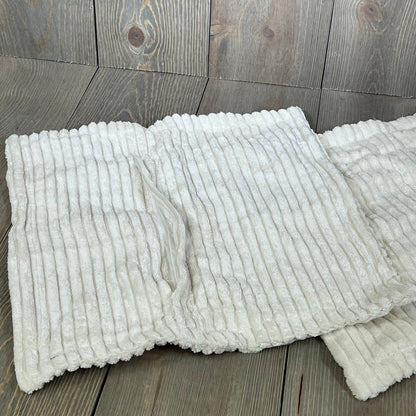 Cream corduroy throw pillow covers with soft cross patchwork, perfect for rustic farmhouse decor. 12x12 inch size.