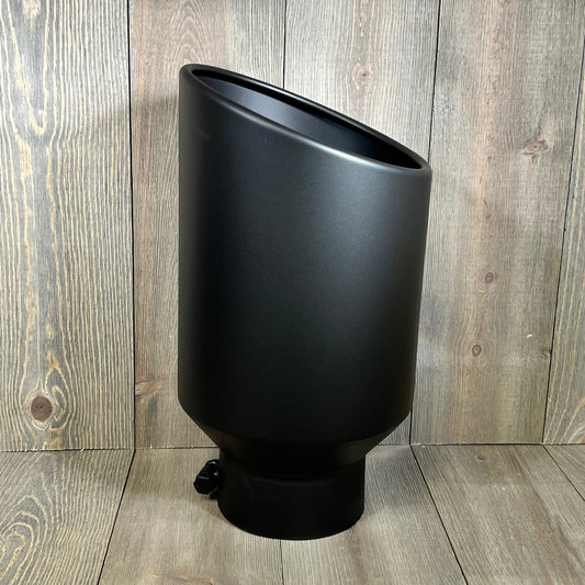 Black powder coated exhaust tip with rolled end and angle cut design for sleek automotive styling.