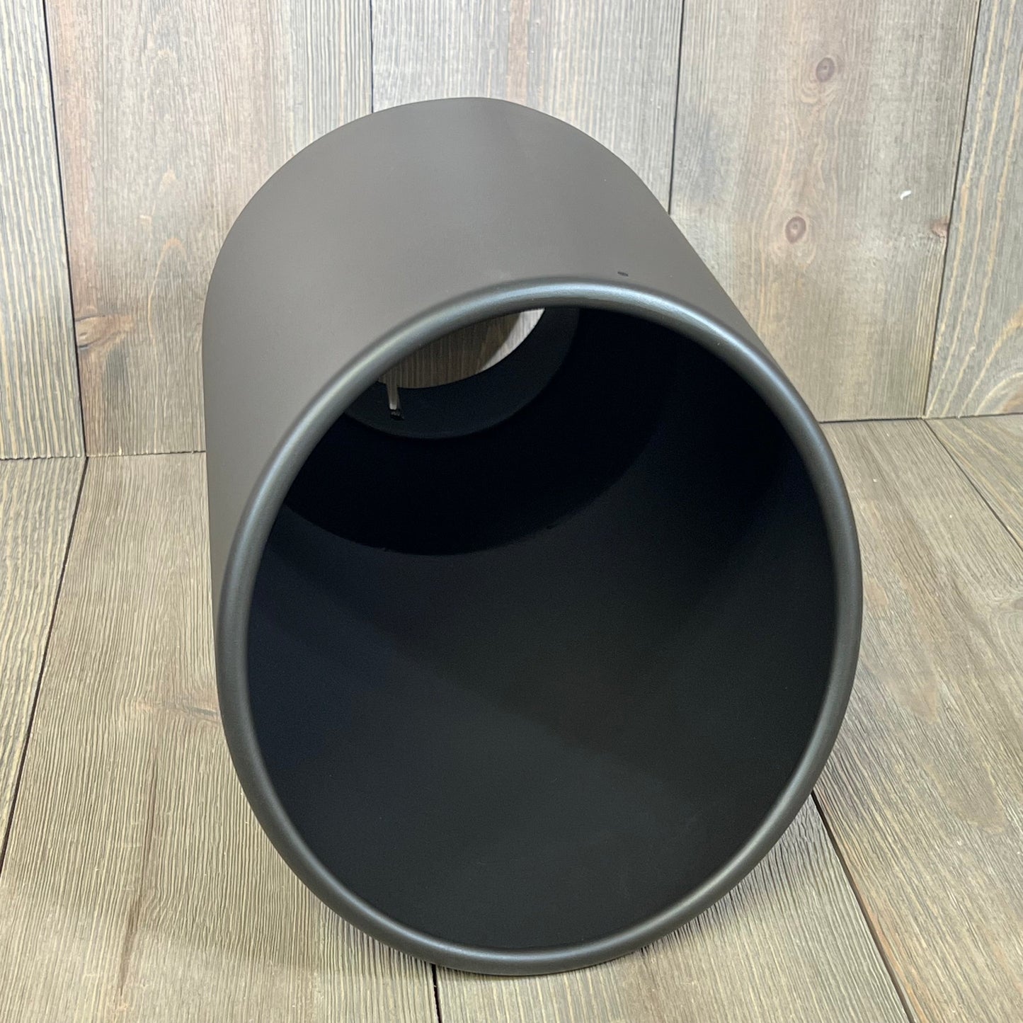 Black powder-coated exhaust tip with a 5-inch inlet and 8-inch outlet, showcasing the rolled end angle cut design.