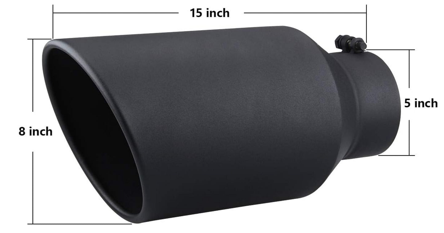 Black 5" inlet, 8" outlet exhaust tip, 15" long, angle cut, rolled end, bolt-on design, powder coated for durability.