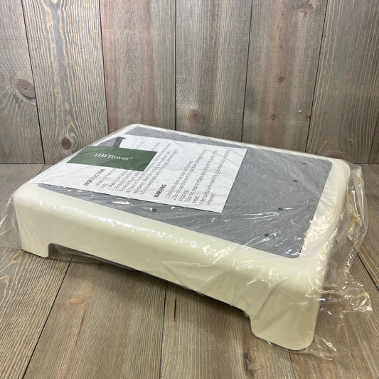 White HBTower step stool with non-slip gray platform, packaged for indoor and outdoor use, ideal for seniors and adults.