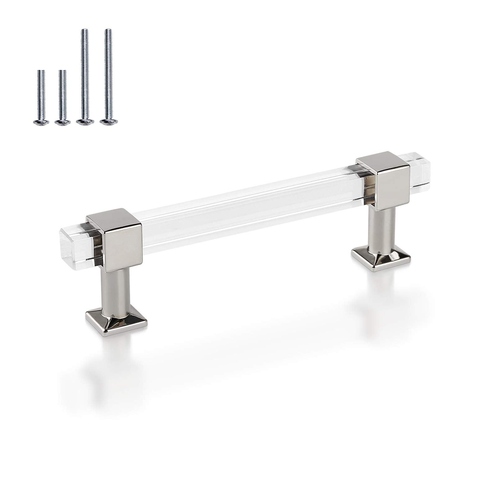 Polished chrome and acrylic 4-inch cabinet pull with screws, perfect for modern kitchen, bathroom, or bedroom furniture.