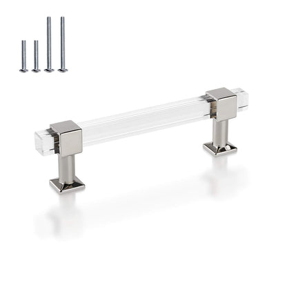 Polished chrome and acrylic 4-inch cabinet pull with screws, perfect for modern kitchen, bathroom, or bedroom furniture.