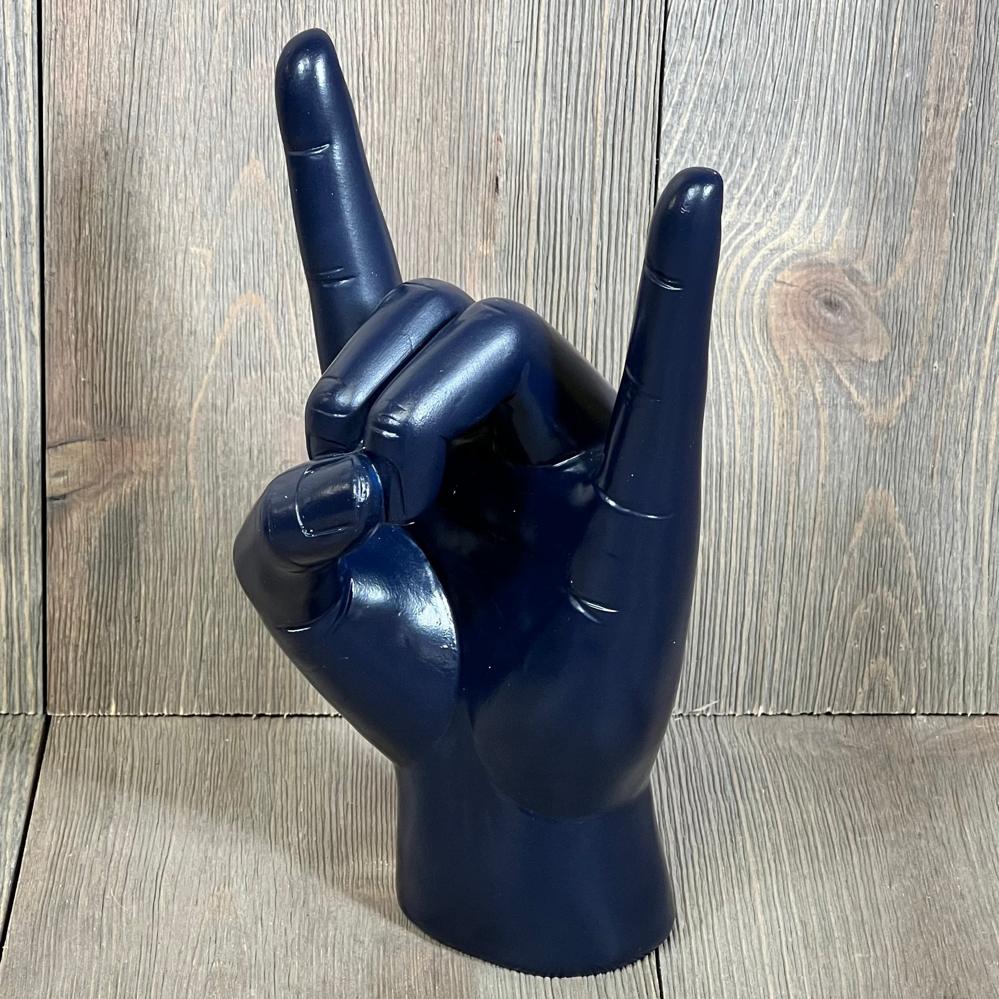 Blue resin rock on hand gesture statue, perfect for home decor and rock music lovers, 7.7 inches tall.