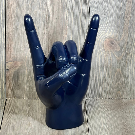 Blue resin rock hand sculpture, ideal for music lovers and modern decor, 7.7" tall for home or office display.