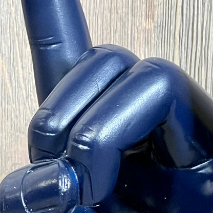 Blue resin rock on hand gesture statue, perfect for home and office decor, symbolizes rock culture and music lovers.