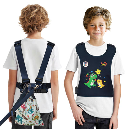 Child wearing safety harness with colorful dinosaur design, featuring adjustable straps and reflective light for visibility.